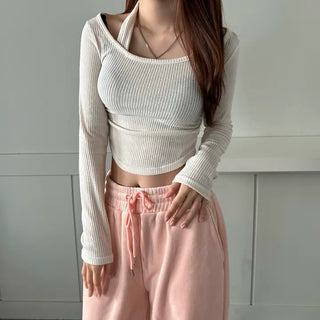 Halterneck Long Sleeve T-shirt Ribbed Rounded Tee Crop