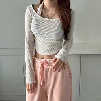 Halterneck Long Sleeve T-shirt Ribbed Rounded Tee Crop