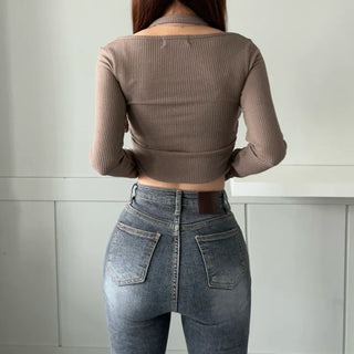 Halterneck Long Sleeve T-shirt Ribbed Rounded Tee Crop