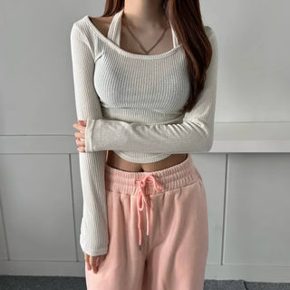 Halterneck Long Sleeve T-shirt Ribbed Rounded Tee Crop