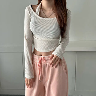 Halterneck Long Sleeve T-shirt Ribbed Rounded Tee Crop