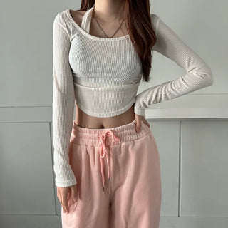 Halterneck Long Sleeve T-shirt Ribbed Rounded Tee Crop