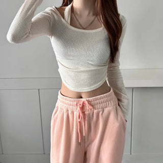 Halterneck Long Sleeve T-shirt Ribbed Rounded Tee Crop