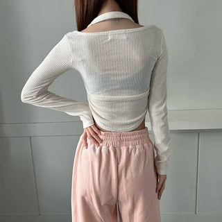 Halterneck Long Sleeve T-shirt Ribbed Rounded Tee Crop