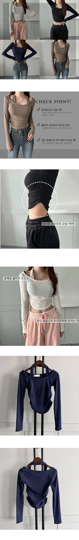 Halterneck Long Sleeve T-shirt Ribbed Rounded Tee Crop