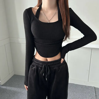 Halterneck Long Sleeve T-shirt Ribbed Rounded Tee Crop