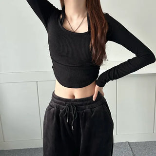 Halterneck Long Sleeve T-shirt Ribbed Rounded Tee Crop