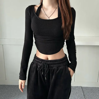 Halterneck Long Sleeve T-shirt Ribbed Rounded Tee Crop