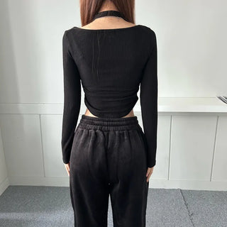 Halterneck Long Sleeve T-shirt Ribbed Rounded Tee Crop