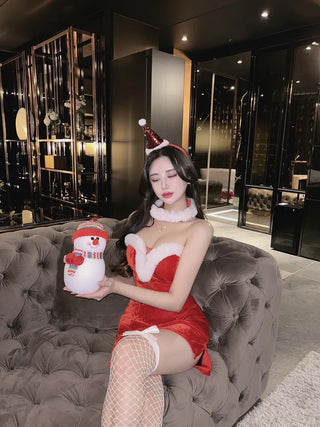 Santa Tube Top Dress Fur Off-Shoulder Mini Year-End