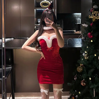 Santa Tube Top Dress Fur Off-Shoulder Mini Year-End