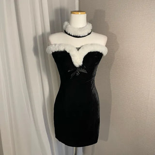 Santa Tube Top Dress Fur Off-Shoulder Mini Year-End