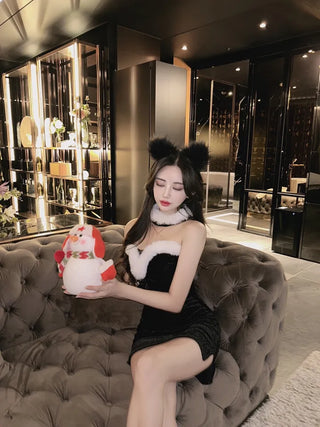 Santa Tube Top Dress Fur Off-Shoulder Mini Year-End