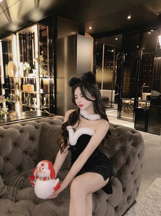 Santa Tube Top Dress Fur Off-Shoulder Mini Year-End