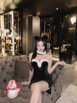 Santa Tube Top Dress Fur Off-Shoulder Mini Year-End