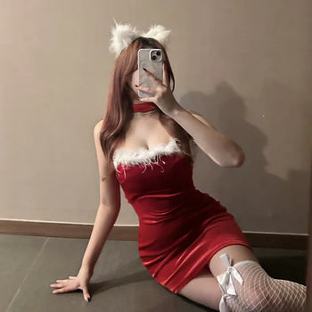 Velvet Santa Dress Girl Party Look Sleeveless Off-shoulder