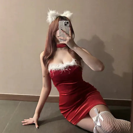 Velvet Santa Dress Girl Party Look Sleeveless Off-shoulder