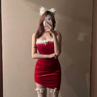 Velvet Santa Dress Girl Party Look Sleeveless Off-shoulder