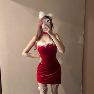 Velvet Santa Dress Girl Party Look Sleeveless Off-shoulder