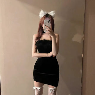 Velvet Santa Dress Girl Party Look Sleeveless Off-shoulder