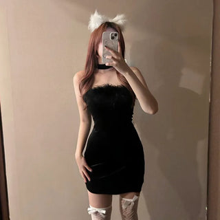 Velvet Santa Dress Girl Party Look Sleeveless Off-shoulder