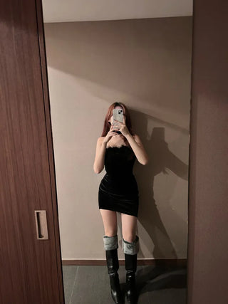 Velvet Santa Dress Girl Party Look Sleeveless Off-shoulder