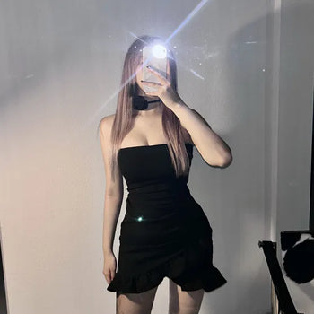 Cancan Tube Top Dress Off-shoulder Camel Choker Neck