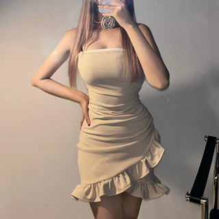 Cancan Tube Top Dress Off-shoulder Camel Choker Neck