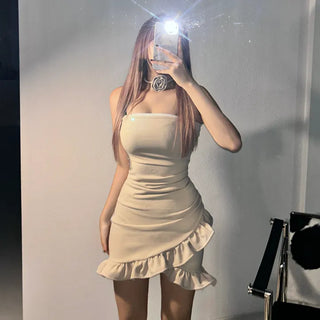 Cancan Tube Top Dress Off-shoulder Camel Choker Neck