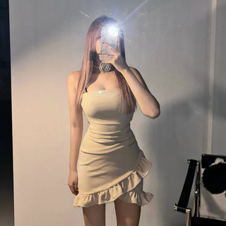 Cancan Tube Top Dress Off-shoulder Camel Choker Neck