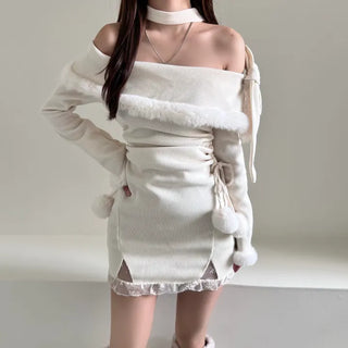 Rudolph Fur Off-Shoulder Dress Party Year-end Look