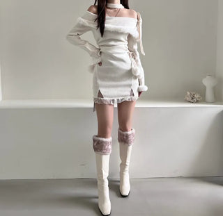 Rudolph Fur Off-Shoulder Dress Party Year-end Look