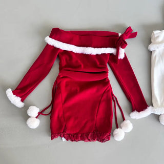 Rudolph Fur Off-Shoulder Dress Party Year-end Look