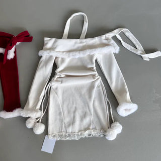 Rudolph Fur Off-Shoulder Dress Party Year-end Look
