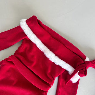 Rudolph Fur Off-Shoulder Dress Party Year-end Look