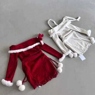 Rudolph Fur Off-Shoulder Dress Party Year-end Look