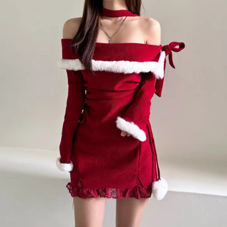 Rudolph Fur Off-Shoulder Dress Party Year-end Look
