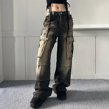 Vintage Cargo Denim Pants Trousers Wash Loose Fit