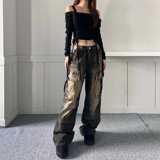 Vintage Cargo Denim Pants Trousers Wash Loose Fit
