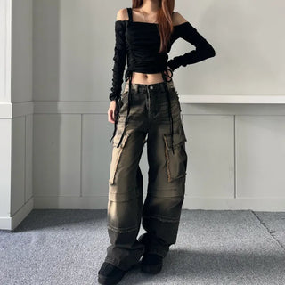 Vintage Cargo Denim Pants Trousers Wash Loose Fit