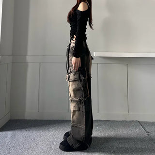 Vintage Cargo Denim Pants Trousers Wash Loose Fit
