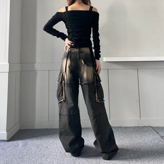 Vintage Cargo Denim Pants Trousers Wash Loose Fit