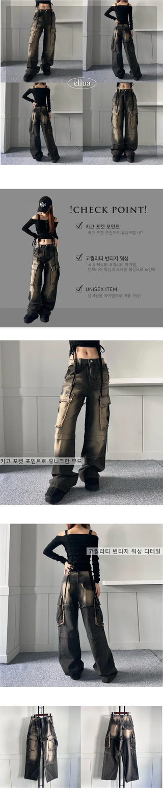 Vintage Cargo Denim Pants Trousers Wash Loose Fit
