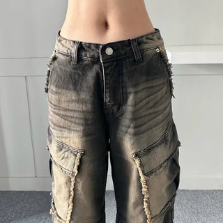 Vintage Cargo Denim Pants Trousers Wash Loose Fit