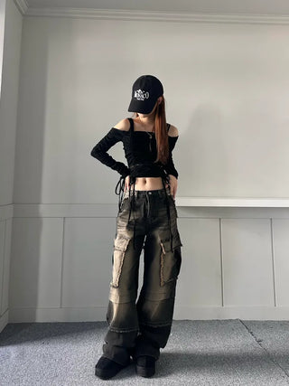 Vintage Cargo Denim Pants Trousers Wash Loose Fit