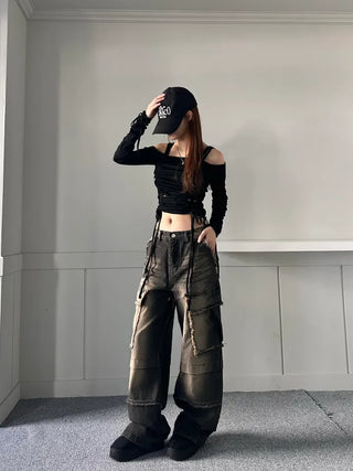 Vintage Cargo Denim Pants Trousers Wash Loose Fit