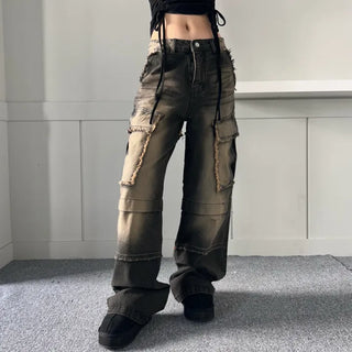 Vintage Cargo Denim Pants Trousers Wash Loose Fit