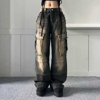 Vintage Cargo Denim Pants Trousers Wash Loose Fit