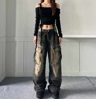 Vintage Cargo Denim Pants Trousers Wash Loose Fit