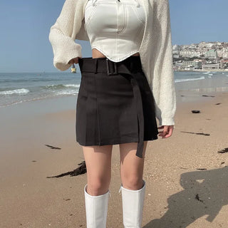 Belted Pleated Mini Skorts Shorts Skirt Cargo